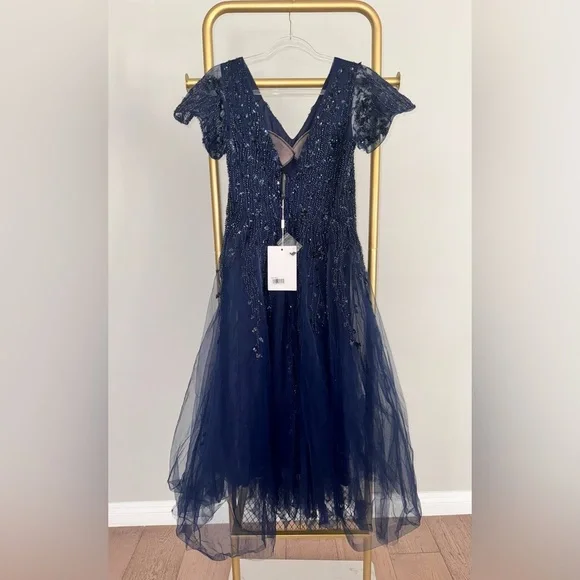 NEW MAC DUGGAL Embellished Flutter Sleeve Tea-Length Dress Midnight Navy 20304 - Picture 6 of 9